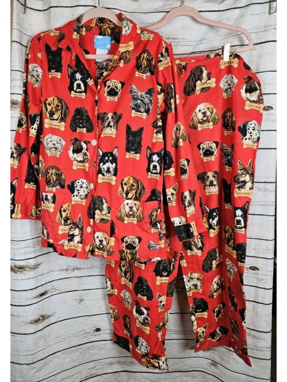 Nick & Nora Red Dog Milk Bone Print Pajamas Set XL Top Pants Womens 2 Pc